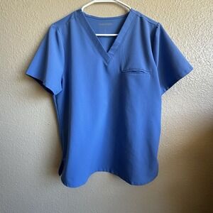 Mandala Scrub Top Womens Medium Light Blue Stretch Blend V-Neck One Pocket EUC‎